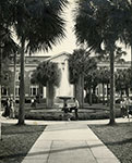 Newly installed Holler Fountain bounded by Elizabeth Hall and Sampson Hall