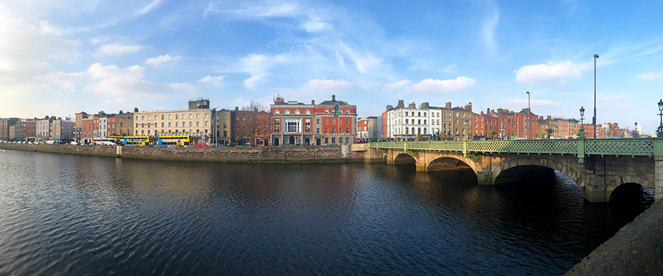 A view of Dublin, Ireland from across a river.