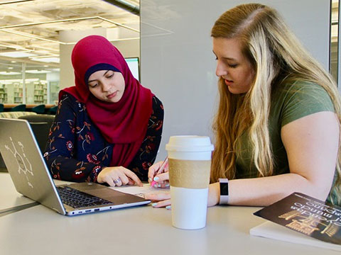 Two students doing a peer to peer tutoring session.