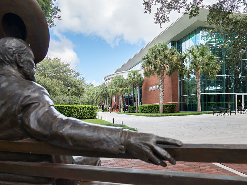 the Rinker Welcome Center from the monument bench
