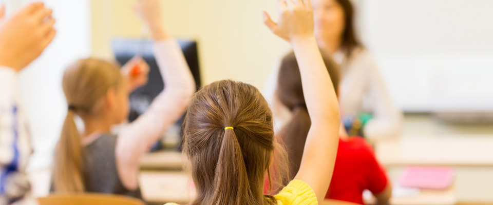Children raising their hands in class