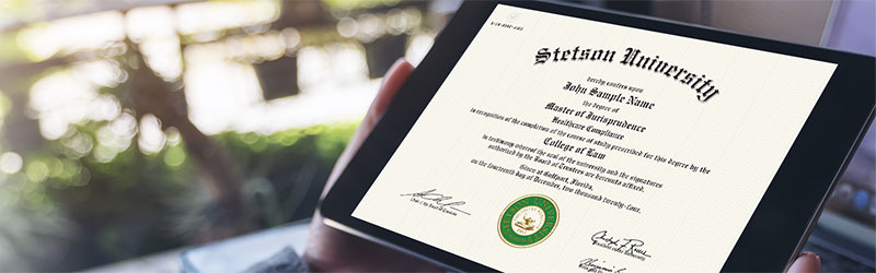 A sample Stetson University digital diploma displayed via a tablet.