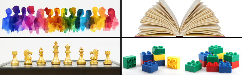 picture of a book, chess, legos and people