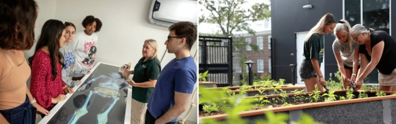 Students engage in hands-on anatomy (left) and gardening activities (right) with faculty guidance.