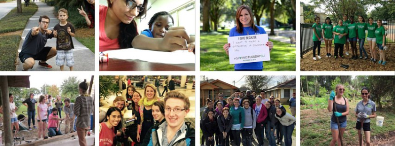 Collage that displays members of the Center for Community Engagement engaging in a series of activities