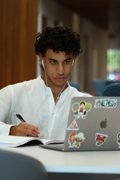 student looking at laptop inside