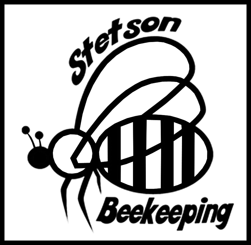 A black and white logo Stetson Beekeeping featuring a stylized bee with a Stetson hat