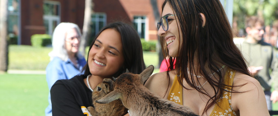 Students holding rabbits