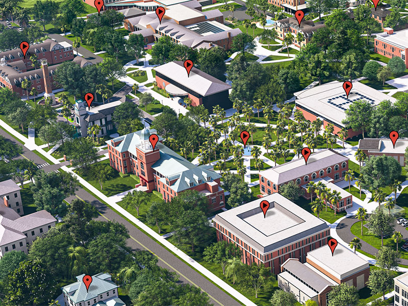 a 3-D rendering of the deland campus focused on Elizabeth Hall