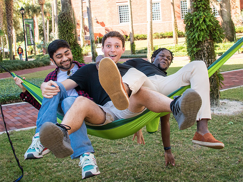 Students falling out of a hammock in the Palm Court