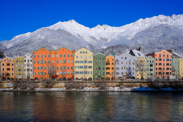 landscape of buildings and mountains in Innsbruck, Austria