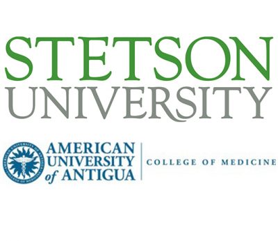 The logos for Stetson University and American University of Antigua