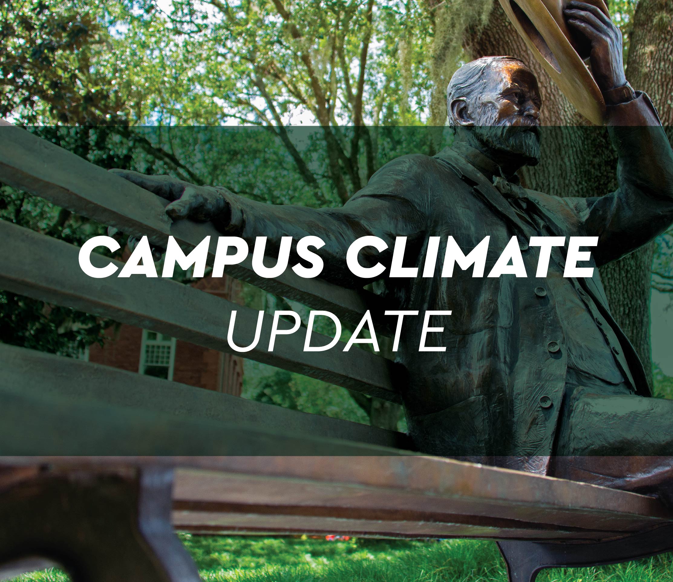 graphic says, Campus Climate Update, as Carmen Johnson prepares for launch of campus climate action plan